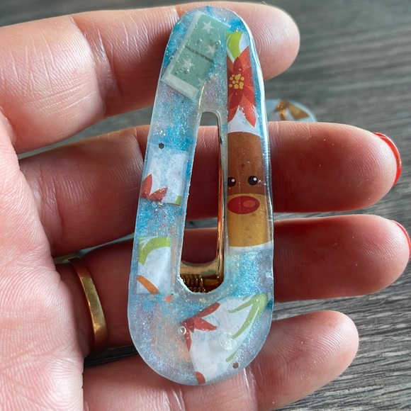 XMAS Handmade Festive Holiday 2 set Alligator Hair Clips Blue Rudolph - Picture 3 of 11